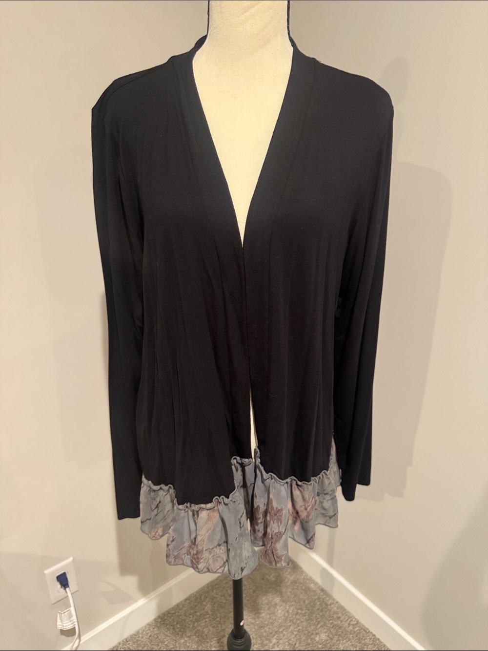 LOGO by Lori Goldstein Black Open-Front Tunic with Floral Ruffle Hem